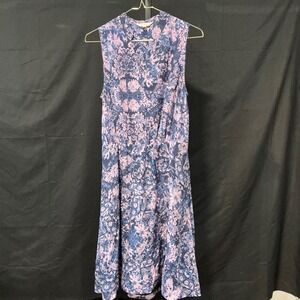 Rebecca Taylor Kiku Print Floral Sleeveless Mock Neck Midi Dress Navy Pink Sz 4